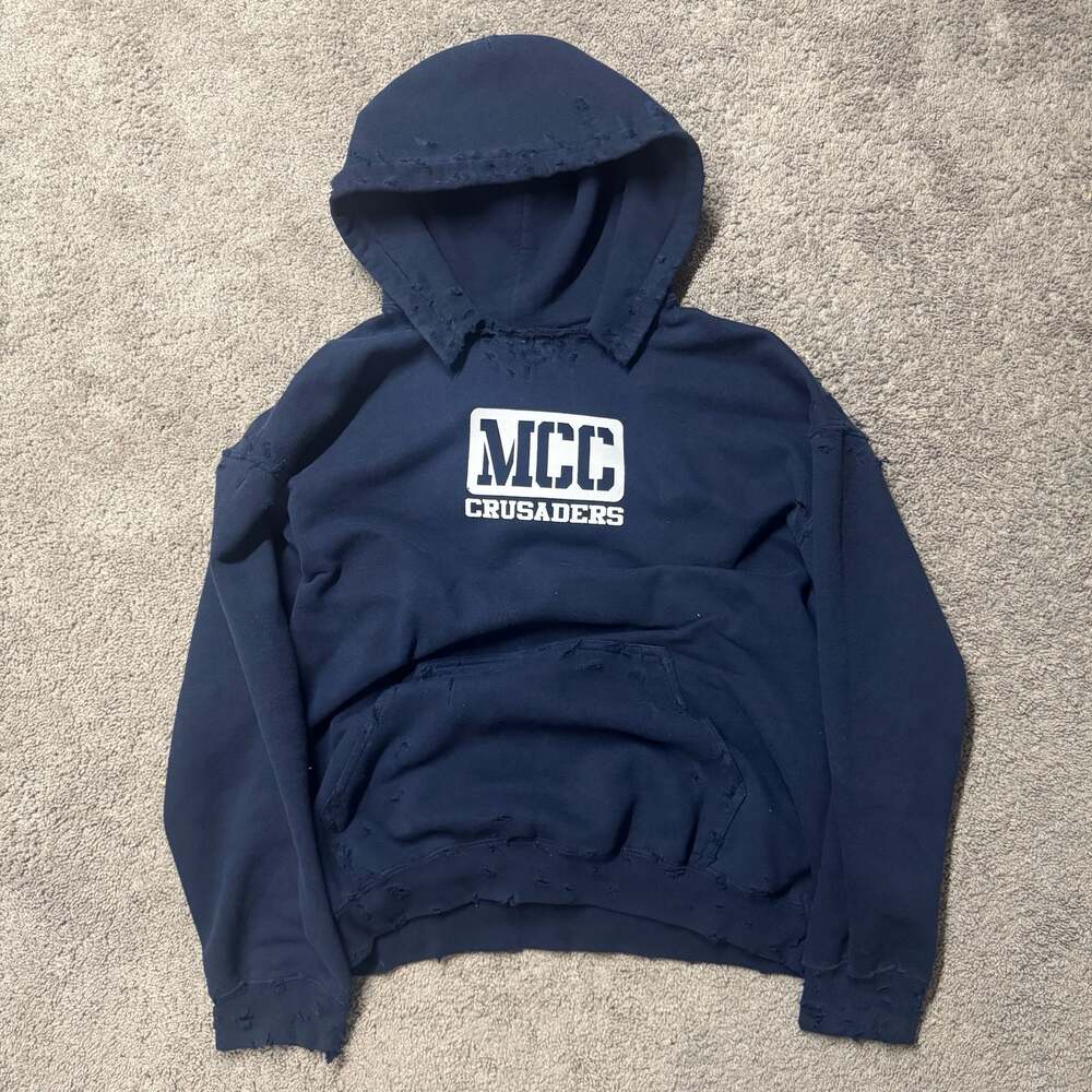 Vintage Gildan Ultra Blend Navy MCC Crusaders Heavyweight Distressed Hoodie